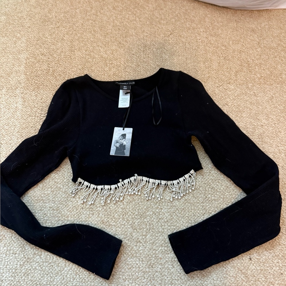 Sincerely Jules Black Crop Top with Beaded Fringe